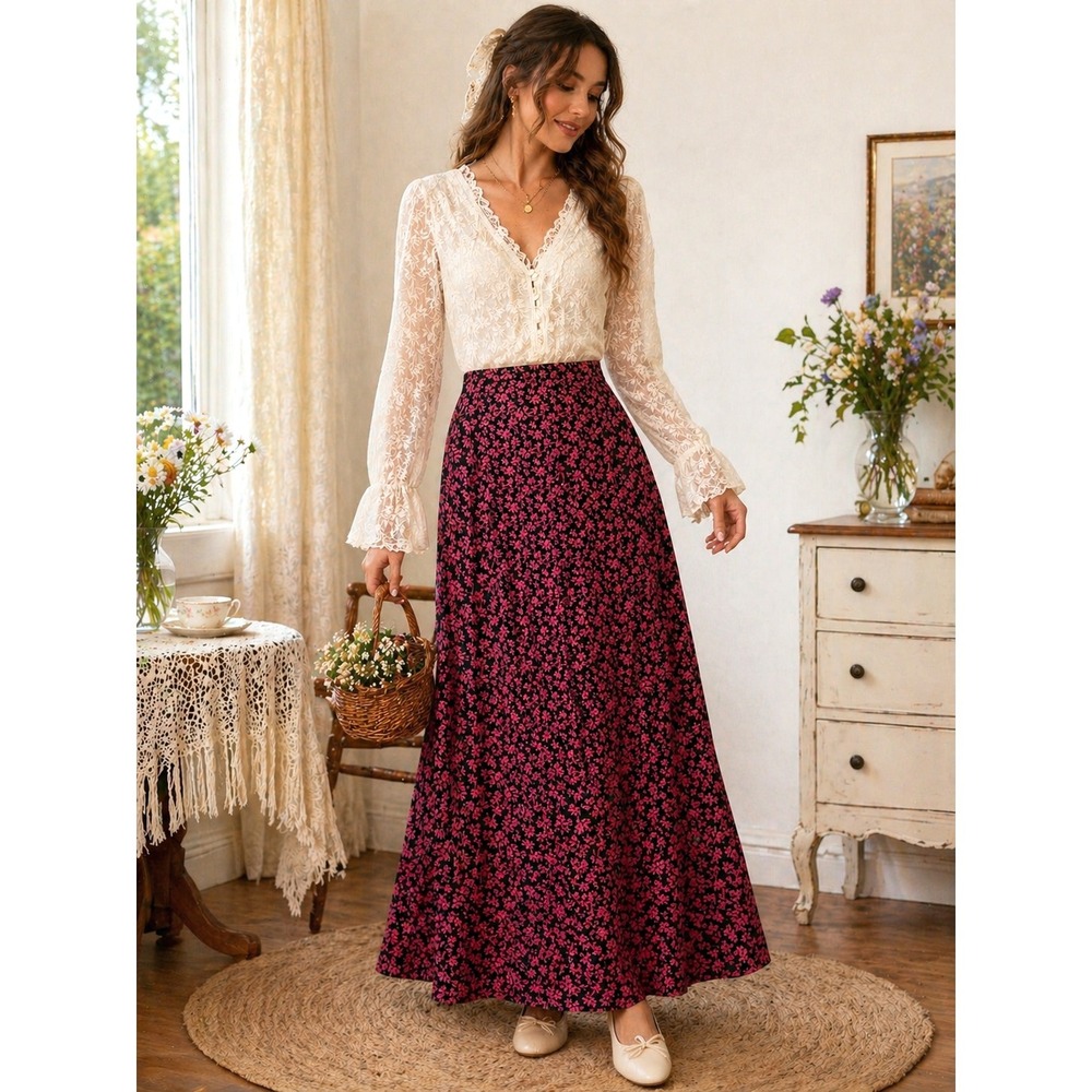 Appleseeds Maxi Skirt Womens 14 Pink Black Flowy Cottagecore Forest Fairy NWOT